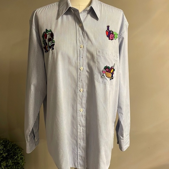 Las Olas Women’s Winery appliqué striped button front shirt blue white / sz M - Picture 1 of 14